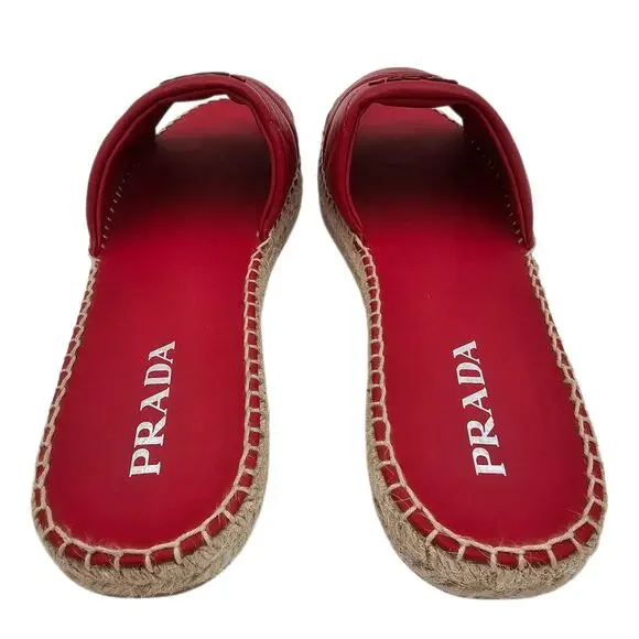 Prada Logo Flat Slide Espadrille Sandal Quilted Red Leather Size 41 US 11 - Picture 5 of 10